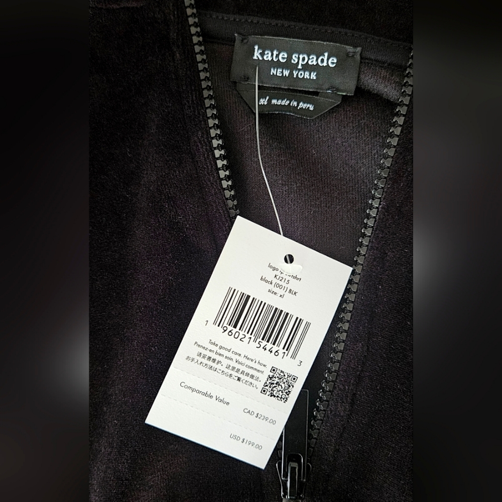 NWT Kate Spade 1/4 Zip Cropped Velor Black Sweatshirt with Logo Sleeve - Sz XL - Picture 8 of 9